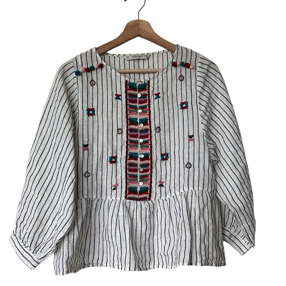 Zara White Striped Embroidered Peplum Blouse with Multicolor Accents